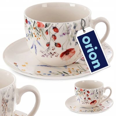 Porseleinen Mok met Schotel 260ml - Bloemen Klaprozen