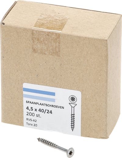 Hoenderdaal Spaanplaatschroef RVS platverzonken kop TX20 deeldraad 4.5X40/24 (per 200 stuks)