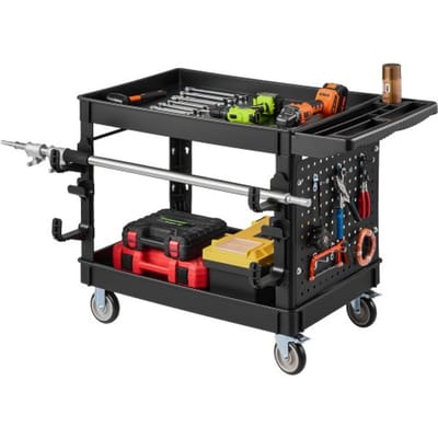 VEVOR Servicetrolley, Werkplaatstrolley, Gereedschapstrolley, PP 1140x610x840mm Zwart, Roltrolley met een draagvermogen van 250 kg, Incl. 2 niveaus, 4 wielen, gereedschapsbord, haken, handgreep met opbergvak, Multifunctionele trolley voor de werkplaats
