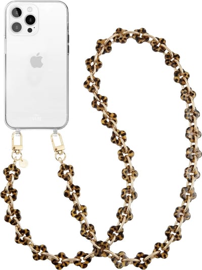 xoxo Wildhearts siliconen hoesje geschikt voor iPhone 16 Pro Max - Leopard Flowers (lang koord) - Telefoonhoesje - Hoesje met koord - Bloemen koord met luipaardprint - Lang telefoonkoord - Transparant hoesje