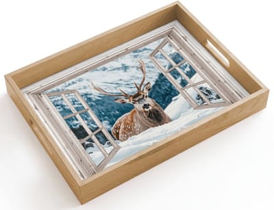Dienblad hout 40x30 cm - Schootdienblad - Hert - Winterlandschap - Natuur - Dieren - Doorkijk - Bergen - Borrelplank rechthoek - Plateau dienbladen