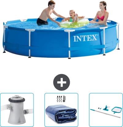 Intex Rond Frame Zwembad - 305 x 76 cm - Blauw - Inclusief Zwembadfilterpomp - Solarzeil - Schoonmaakset