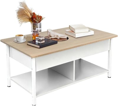Coffee Table 3-in-1 with Hidden Compartments and Open Shelf, Coffee Table Folding and Extendable, Dining Table for 4-8 People, with Folding Tray, 90 x 48 x 62 cm (A)