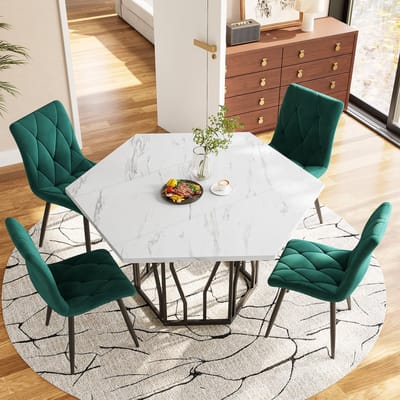 Eettafel- en stoelenset - 5-delig - moderne zeshoekige eettafel - wit tafelblad en zwarte tafelpoten - 4 groene eetkamerstoelen