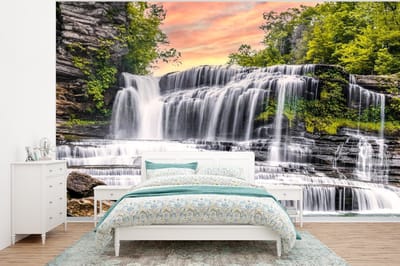 Behang - Fotobehang Waterval - Water - Stenen - Planten - Natuur - Breedte 375 cm x hoogte 280 cm