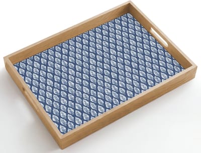 Dienblad hout 50x35 cm - Schootdienblad - Bladeren - Wit - Blauw - Patroon - Borrelplank rechthoek - Plateau dienbladen