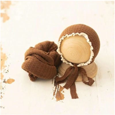 Accessoires de Photographie pour Nouveau-nés Ensemble Wraps et Bonnets Bébé Wrap Extensible Doux Pied-de-poule Bonnet Fond de Studio pour Photos Accessoires de Studio (coffee,hat and wrap) café
