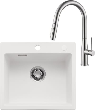 CECIPA max Granieten spoelbakken 40x45CM - Spoelbakken Keuken Met Keukenkraan Met Uittrekbare Uitloop - Spoelbak Keuken Wit - Enkele spoelbakken Met sifon - waterafvoersysteem en overloopset