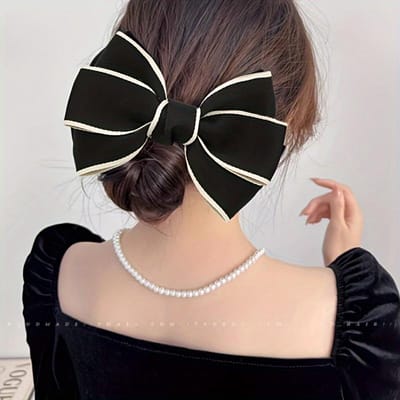 Franse Stijl Elegante Zwarte Strik Haarklem Polyester Materiaal, Schattig Haaraccessoire voor Vrouwen en Tieners, Mode Haaraccessoires zwart