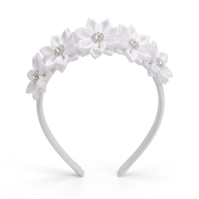 Witte satijnen haarband dames met bloemen en strass – elegante haaraccessoire met bloemdecoratie