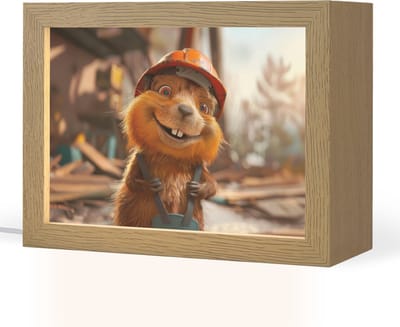 Nachtlampje 20x15 cm - Kinder lampje - Bever - Bouw - Bouwhelm - Dier - Tafellamp kinderkamer - Slaapkamer lamp - Bedlamp kinderen - Kinderlampje stopcontact - Wandlamp babykamer - Nachtlampjes