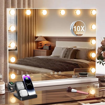 YOR® Hollywood Make Up Spiegel met Verlichting - Holywood – Visagie – 50 x 40 cm - Zonder Rand – 14 Led Lampen - Met 3 Lichtstanden - Wit- 50cm x 40cm x 12cm