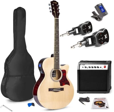 MAX Showkit draadloze elektrische akoestische gitaarset 4/4 - Met zender, ontvanger en toebehoren - Hout