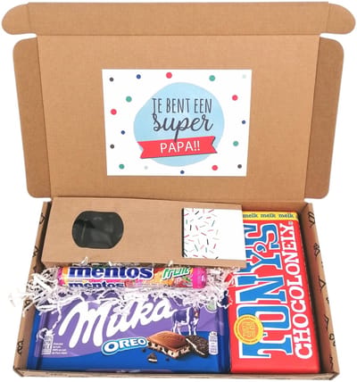 Vaderdag brievenbus pakket - Je bent een Superpapa - cadeau pakketje door de brievenbus - Tony Chocolonely melk - Milka Oreo - Mentos Fruit - Drop