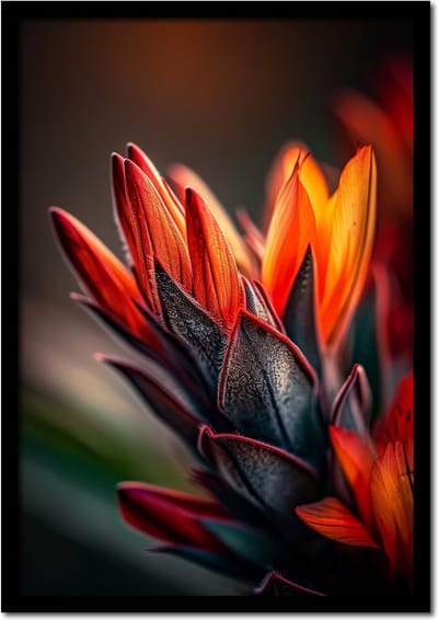 Poster fel oranje bloem met zwarte bladeren - 21cm x 30cm a4 - vintage - woonkamer - slaapkamer - bloemen posters - goedkoop - muurposter - natuur - wanddecoratie