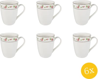 Clayre & Eef Mok set van 6 stuks 300 ml Wit Roze Porselein Rond Bloemen Theemok