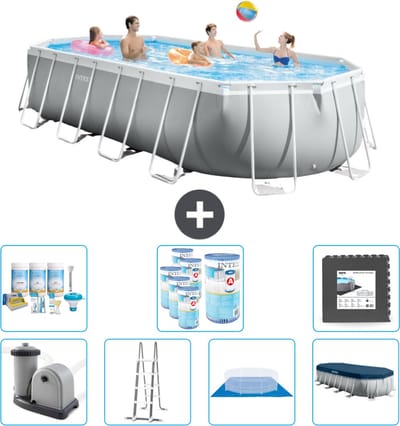 Intex Ovaal Prism Frame Zwembad - 610 x 305 x 122 cm - Grijs - Inclusief Pomp - Ladder - Grondzeil - Afdekzeil Onderhoudspakket - Filters - Vloertegels