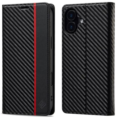 Luxe BoekCover Hoes Etui geschikt voor Apple iPhone 17 - Zwart - Rood - Carbon