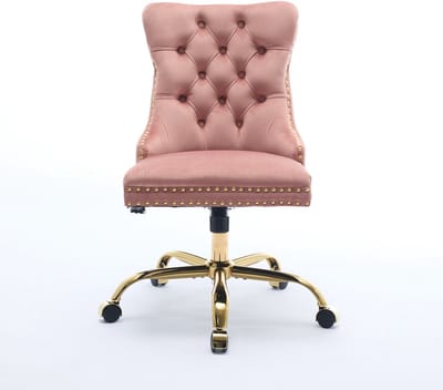 Roze fluwelen bureaustoel - Velours bureaustoel - Thuiswerkstoel-Bureaustoel goud – Gecapitonneerd – Brede zitting – Gouden poten - Drievoudige vering - Thuiswerkplek - 63x50x98cm- Verstelbaar-Roze