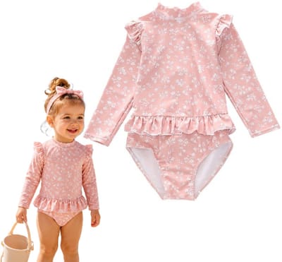 Badpak – Zwemkleding - met UV-bescherming - 5-6 Jaar - Bikiniset Meisjes - Kinderbadpak Peuter - met Bloemen print met Ruches Meisjes - Tweedelig Zwempak - LOUZIR
