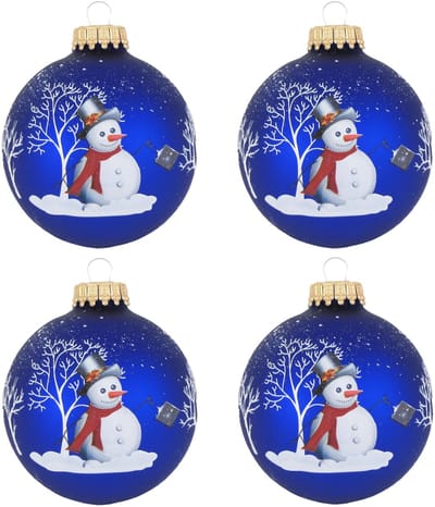 Krebs Kerstballen 4x stuks blauw - sneeuwpop - glas - 7 cm - luxe kerstdecoratie