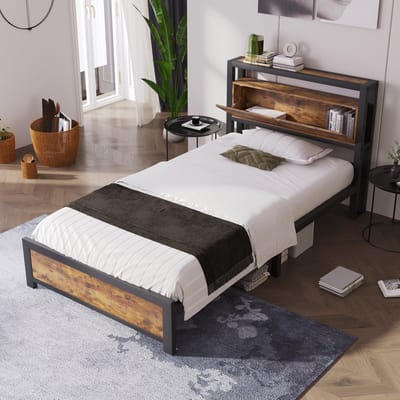 Sweiko Eenpersoonsbed, 90 x 200 cm, met opbergruimte aan het hoofdeinde en metalen lattenbodem, metalen bedframe, bruin
