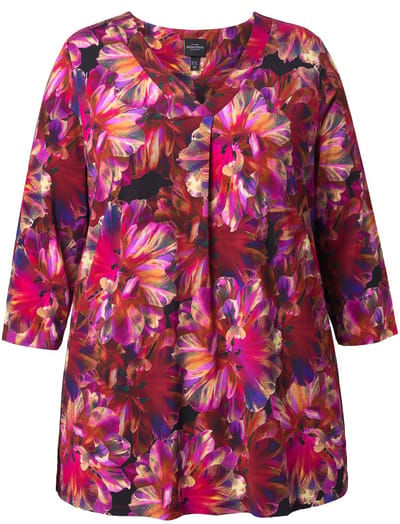 Ulla Popken - Dames - Slinky shirt bloemen A-lijn V-hals 3/4-mouw - Bes - Maat 50+