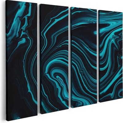 Artaza Canvas Schilderij Vierluik Abstracte Kunst - Aqua Blauw met Zwart - 80x60 - Foto Op Canvas - Canvas Print