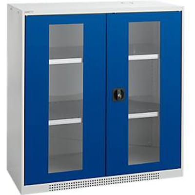 Schäfer Shop Genius dubbeldeurskast FS, staal, kijkvenster, ventilatiegaten, B 1055 x D 520 x H 1105 mm, 3 OH, lichtgrijs/ gentiaanblauw, tot 300 kg
