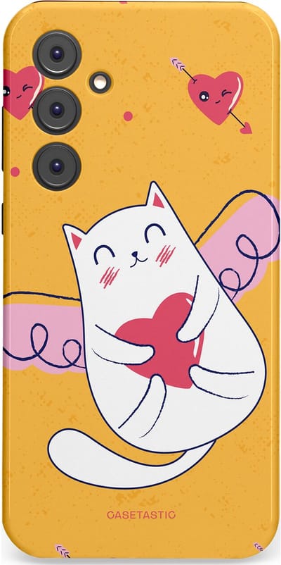Casetastic Hoesje Geschikt voor Samsung A35 - Stijlvolle Beschermende Duo-layer Case - Kattenflirt Geel Rode Hartjes Liefde