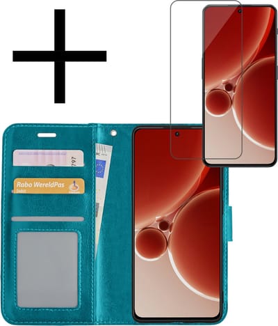 Hoesje - Met Screenprotector - Geschikt voor OnePlus Nord 3 - Luxe Pasjeshouder - Bookcase Portemonee - Flip Case - Kunstleer Book Case - Flipcase - Book Cover - Walletcase - Portemonneehoes - Turquoise