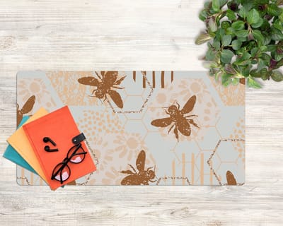 Coloray Bureau Onderlegger - Bijen Bloemen Honing Onderlegger Bureau - 90 cm x 45 cm - Beige Bureau Onderlegger - Bureau Onderlegger Groot - Bureau Onderlegger XXL - Computer Mat - Bureau Pad