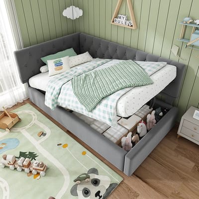 Komhtom Gestoffeerd bed, dagbed, rustbed 90x200cm, slaapbank met hydraulische opbergruimte, kinderbed, tienerbed, bedframe met houten lattenbodem, fluweel, grijs, zonder matras.