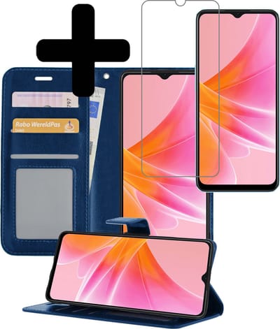 Hoesje - Met Screenprotector - Geschikt voor OPPO A17 - Luxe Pasjeshouder - Bookcase Portemonee - Flip Case - Kunstleer Book Case - Flipcase - Book Cover - Walletcase - Portemonneehoes - Telefoonhoesjes - Donkerblauw