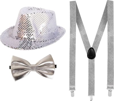 Folat Carnaval verkleed set - hoed met strikje en bretels - zilver - glitters - Disco Carnavalaccessoires
