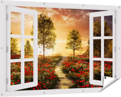 Gards Tuinposter Doorkijk Mooi Landschap met Rode Bloemen en Zonsondergang - 150x100 cm - Tuindoek - Tuindecoratie - Wanddecoratie buiten - Tuinschilderij