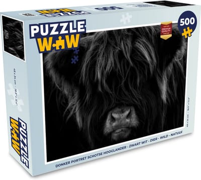Puzzel Schotse Hooglander - Koe - Zwart - Wit - Portret - Legpuzzel - Puzzel 500 stukjes