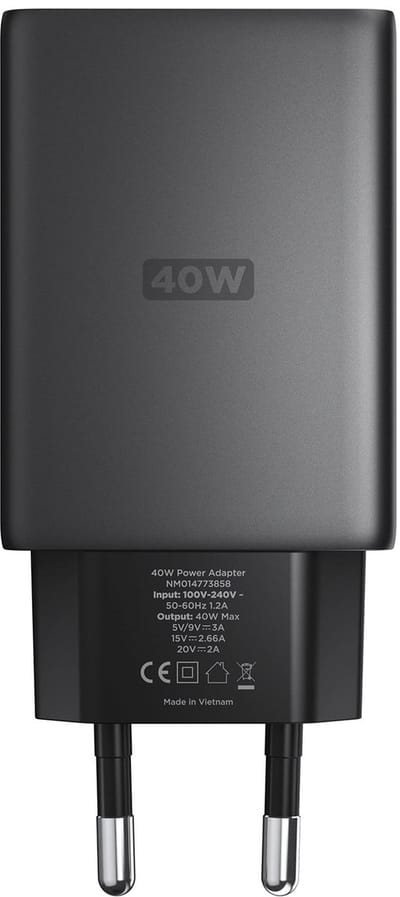 Nomad Slim Oplader EU (40W) – Compatibel met EU Stekker – 40W Vermogen met USB-C PD Snel Opladen – Compact en Draagbaar Design - Zwart