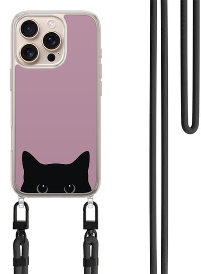 Hoesje met koord geschikt voor iPhone 16 Pro - Zwarte kat - Inclusief zwart koord - Crossbody beschermhoes - Transparant, Roze - Mooie Telefoonhoesjes