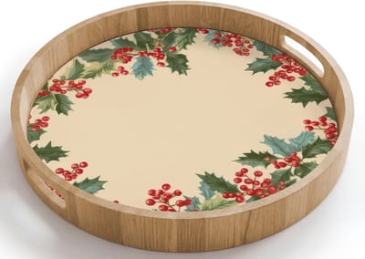 Dienblad rond 40x40 cm - Schootdienblad hout - Hulstrand - Bessen - Beige - Borrelplank rechthoek - Plateau houten dienbladen