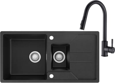 CECIPA max Spoelbak voor keuken 86x45CM - Granieten Keuken Met Keukenkraan Met Uittrekbare Uitloop - 1.5 Spoelbakken Keuken - Gootsteen Met Waterafvoersysteem - Wasbak Keuken - Krasvast en Hittebestendig - Zwart