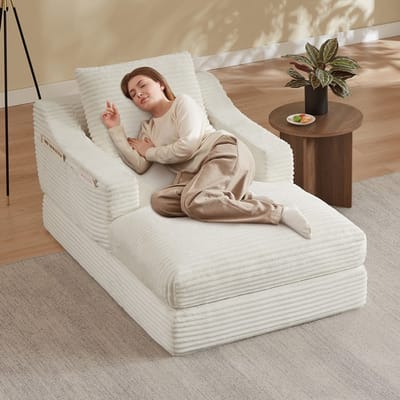 Pugsdrly Moderne minimalistische corduroy luie fauteuil, ruime eenpersoonsbank, ontspanningsbank voor woonkamer en slaapkamer, dubbellaags ontwerp, uit te klappen tot bed
