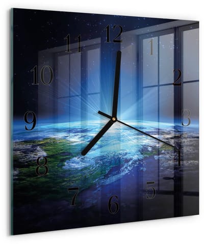 Tulup Wandklok - Het universum van de aarde Moderne Wandklok Glas - 30x30 cm - Blauw Wandklok Glas Decoratie - Zwarte Handen - Vierkante Wandklok - Gekleurde Glazen Klok - Glazen Klok Met Print