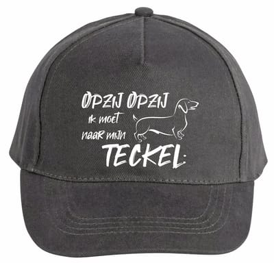 Mijncadeautje - 5 panel - Cap - Verstelbaar - Pet van 100% dik geborsteld katoen- unisex - opdruk wit - opzij opzij naar mijn teckel - chique grijs
