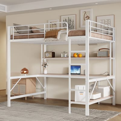 HAUSS SPOLE Hoogslaper 140x200 - Kinderhoogslaper Met Bureau & LED-Verlichting - Metaal - Wit