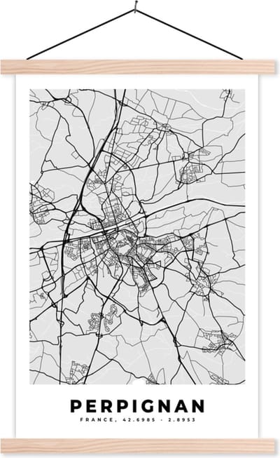 Posterhanger incl. Poster 40x60 cm - Schoolplaat - Plattegrond - Perpignan - Stadskaart - Kaart - Frankrijk - Textielposter - Blanke latten - Stadskaart