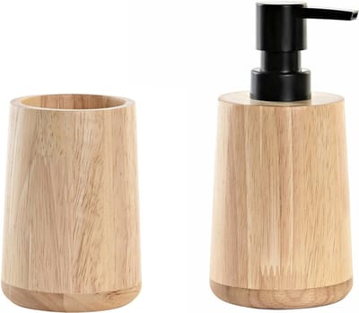 ITEM badkamer accessoires set - drinkbeker en zeeppompje - bamboe hout - naturel/zwart