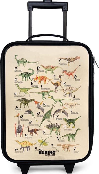 NoBoringSuitcases.com® - Kinderkoffer jongen - Kindertrolley meisje - Dino alfabet - Koffer kind lichtgewicht - Reiskoffer trolley voor kinderen - Koffertje met lichtgevende wieltjes - Rolkoffer zwart