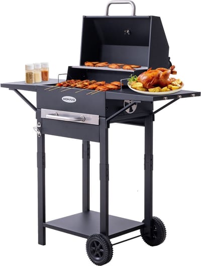 HOMAVO Houtskoolgrill, Barbecue met Deksel, Grilloppervlak: 45×32 cm, 2-standig in hoogte verstelbare kolenbak, Bijzettafel, Thermometer