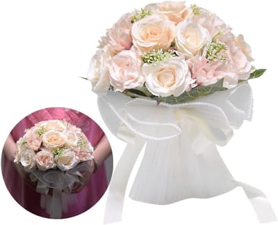 Kunstmatige Rozen Boeket met Gaas, Bruidsboeketten voor Bruidsparen, 18 Bloemhoofden voor Bruiloft Decoraties, Bruiloft, Jubileum en Thuiscoming (Lichtroze & Wit)